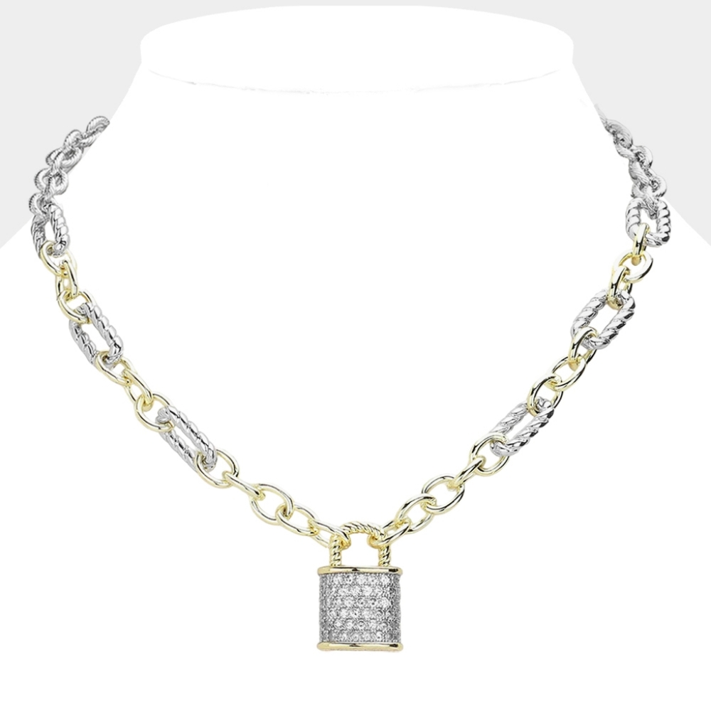 Two Tone CZ 14K Gold Plated Lock Pendant Chain Link Charm Necklace Silver